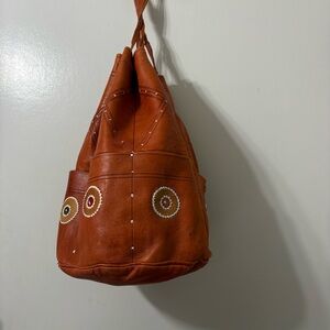 Vintage Moroccan style handmade leather drawstring bucket bag